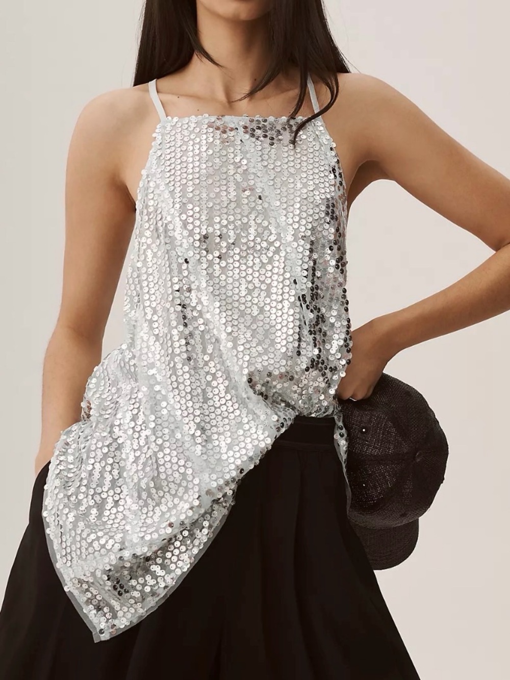Anthropologie Light Blue Silver Sequin Halter Tank Top - Women's Glam Party Top
